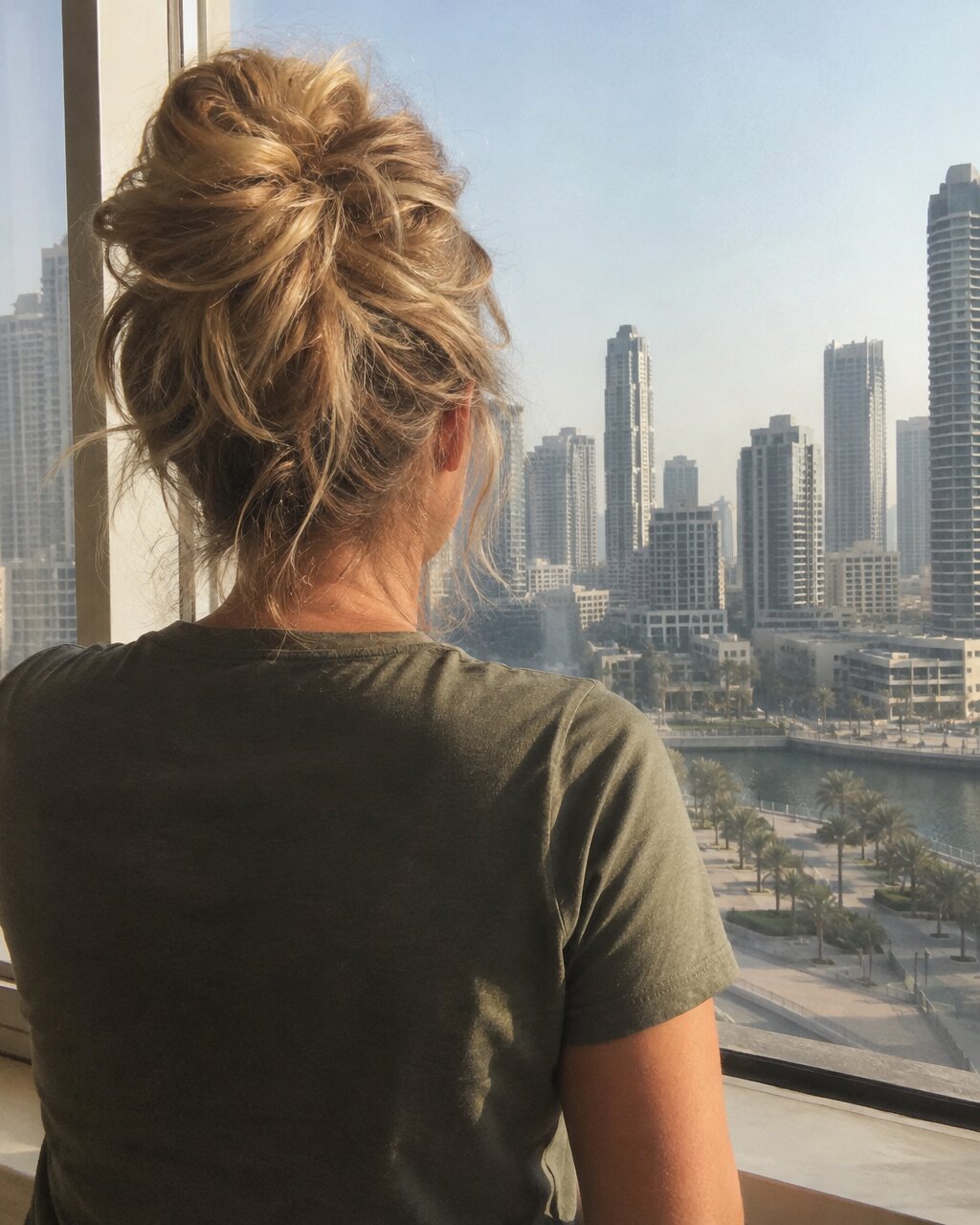 Woman seen from behind with an updo, looking out of a window at skyscrapers