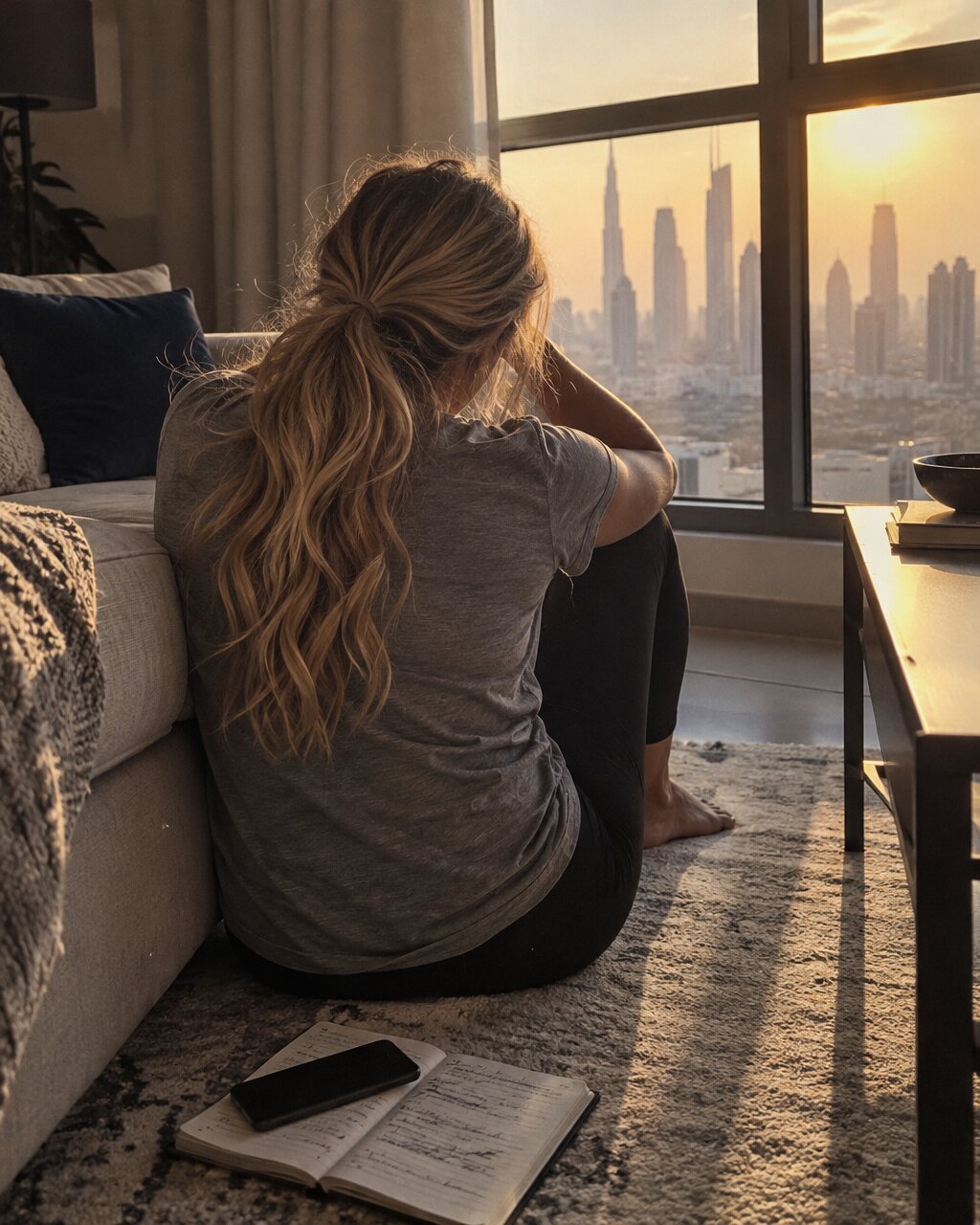 Woman seen from behind, sitting on the floor and looking out at city skyscrapers