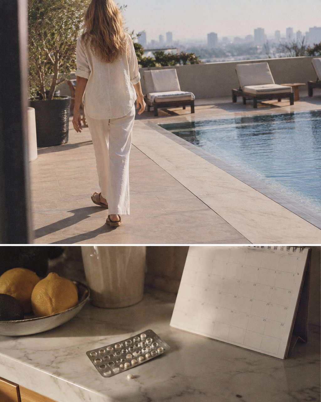 Woman seen from behind walking past a pool, with a calendar and blister pack