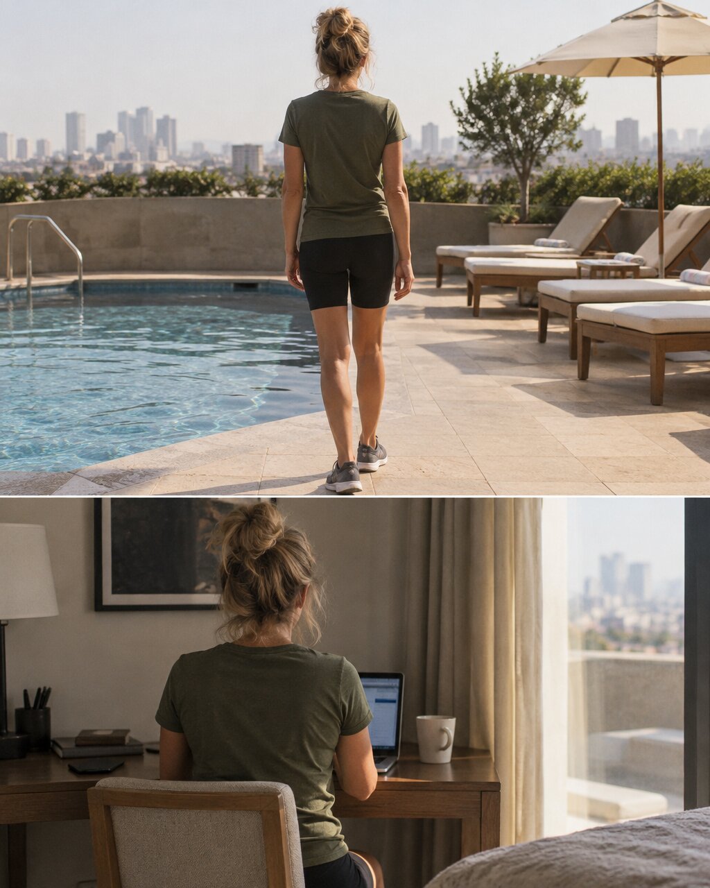 Woman seen from behind walking beside a rooftop pool