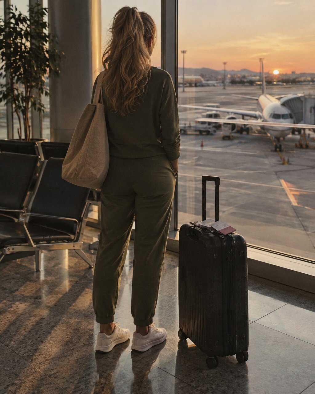 Woman seen from behind with a suitcase, watching an aeroplane on the tarmac at sunset