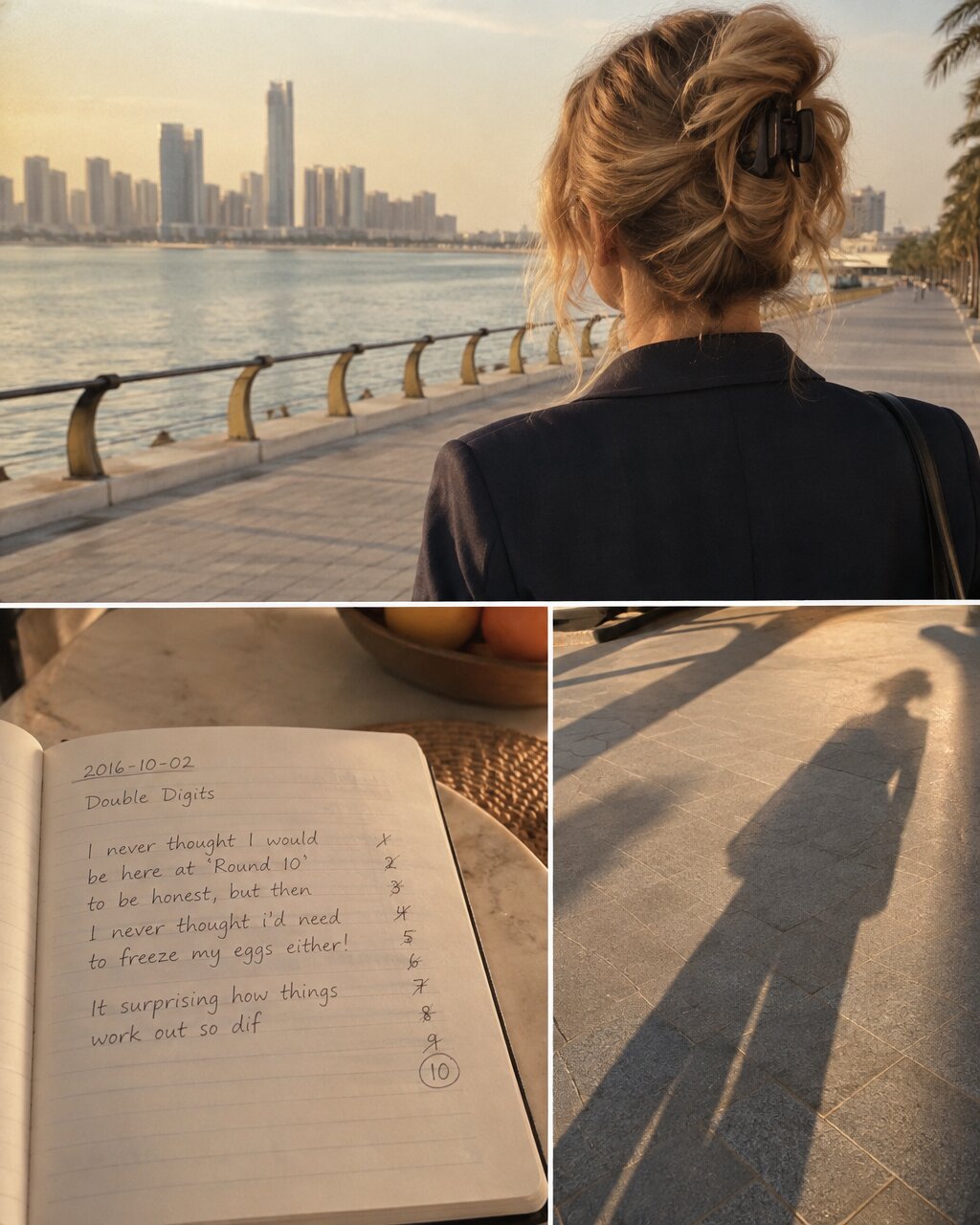 Woman seen from behind overlooking water, beside a handwritten journal