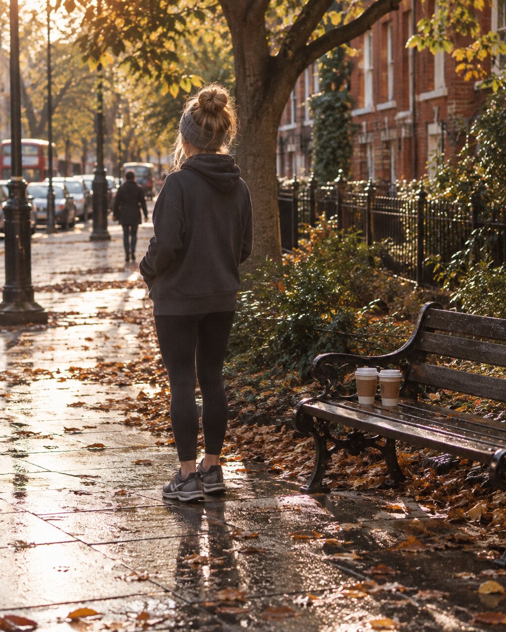 Woman seen from behind standing on a wet, leaf-covered pavement beside a park bench