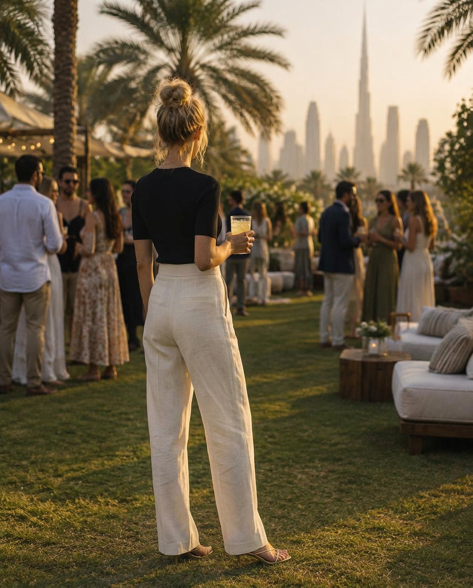 Woman seen from behind holding a drink at an outdoor party with distant skyscrapers