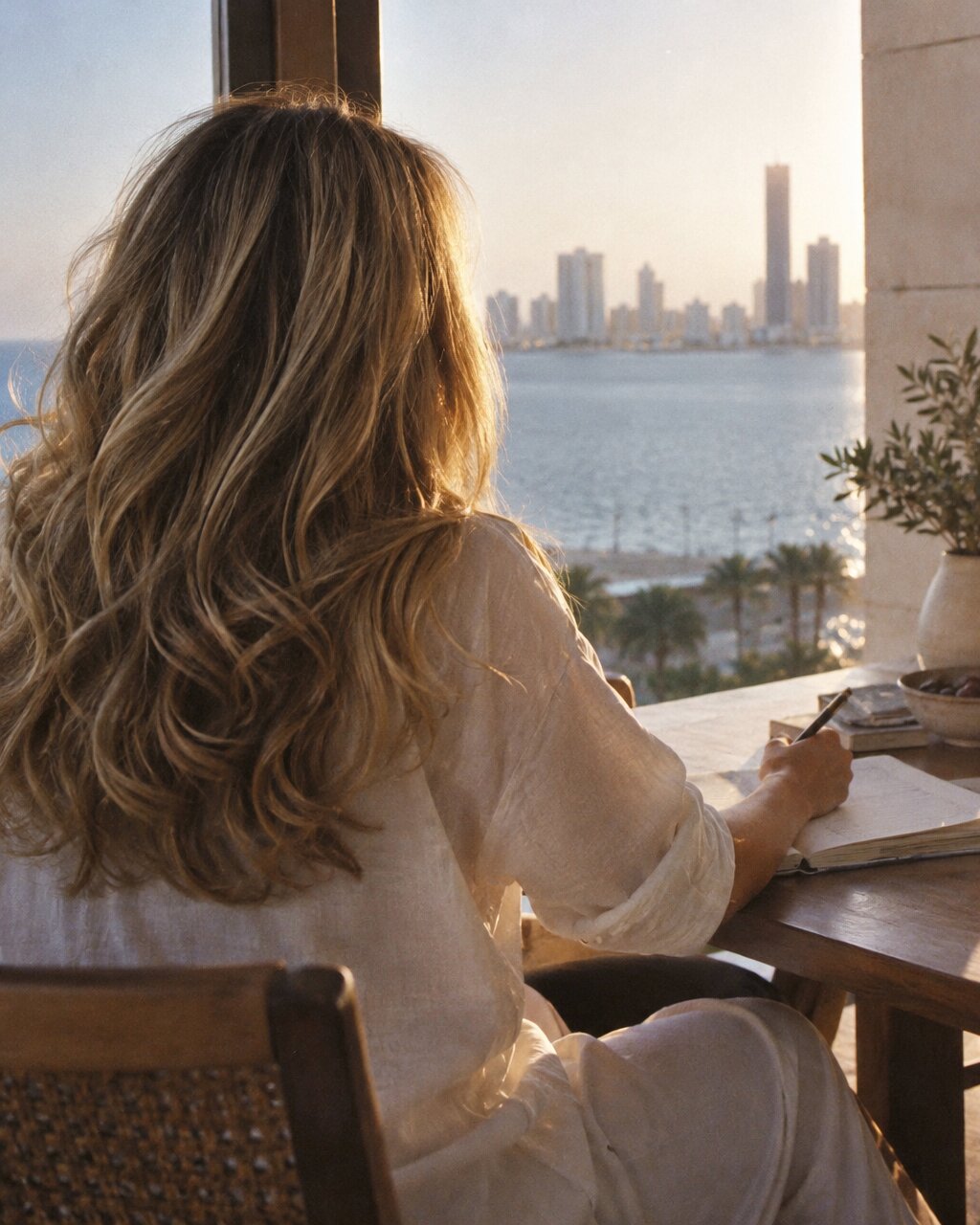 Woman seen from behind writing at a table overlooking the sea and city skyline