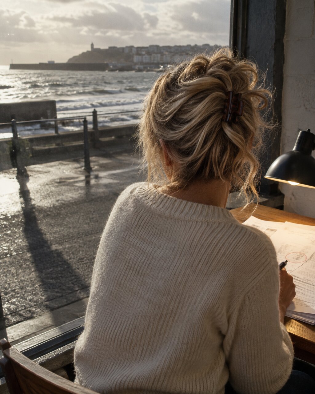 Woman seen from behind, writing at a desk beside a window overlooking the sea