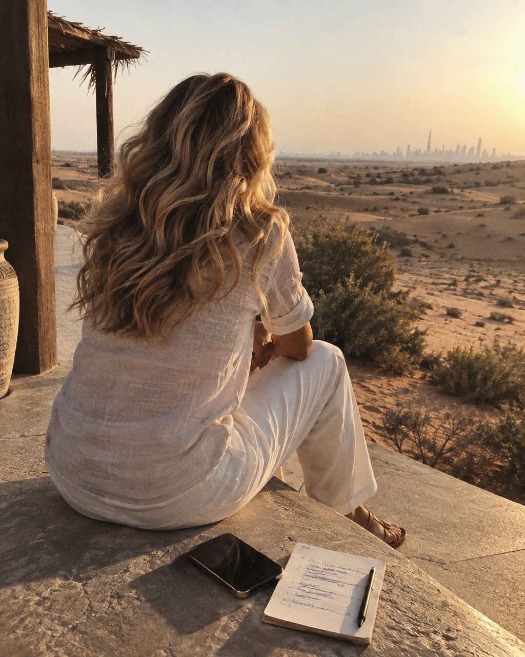 Woman seen from behind in white clothing, looking towards a desert landscape at sunset