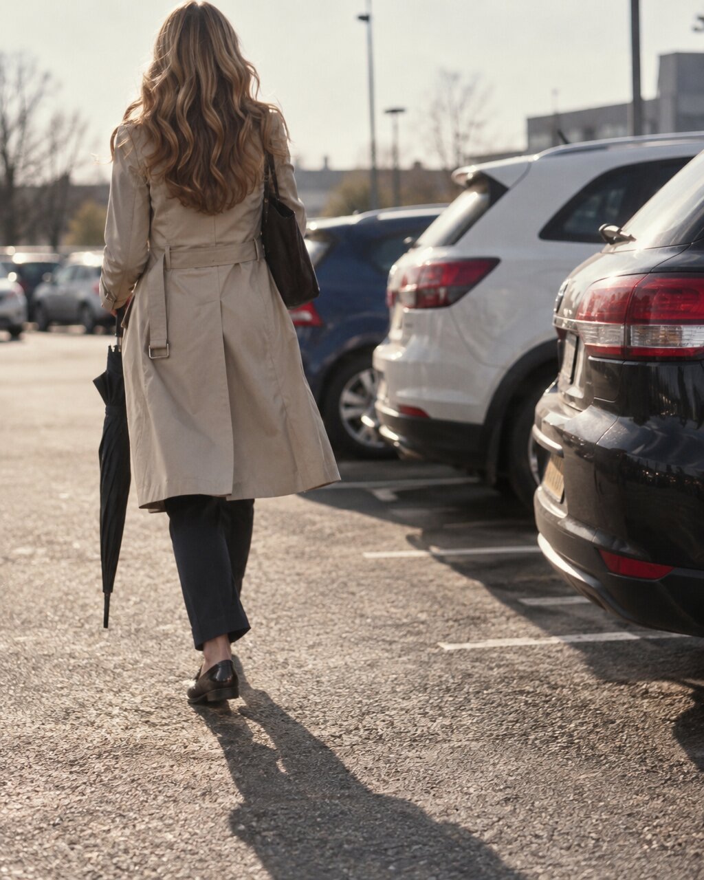 Woman seen from behind in a trench coat, walking past parked cars holding an umbrella