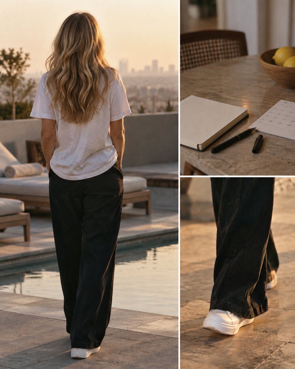 Woman seen from behind in a white T-shirt and black trousers by a pool