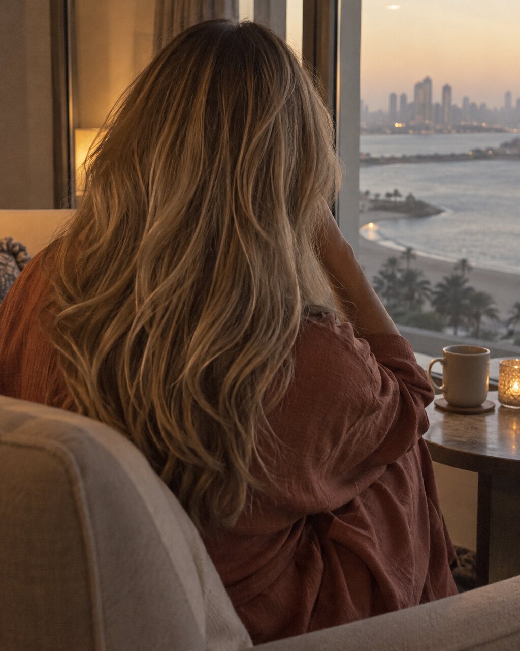 Woman seen from behind sitting in an armchair, looking out at a coastal city