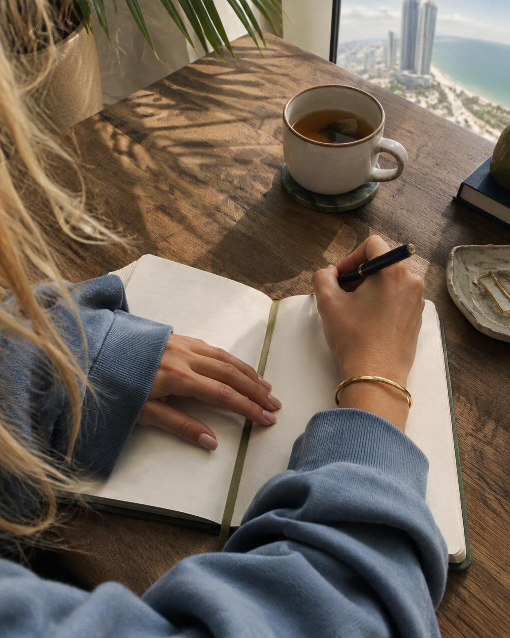 Woman seen from behind writing in an open notebook beside a cup of tea