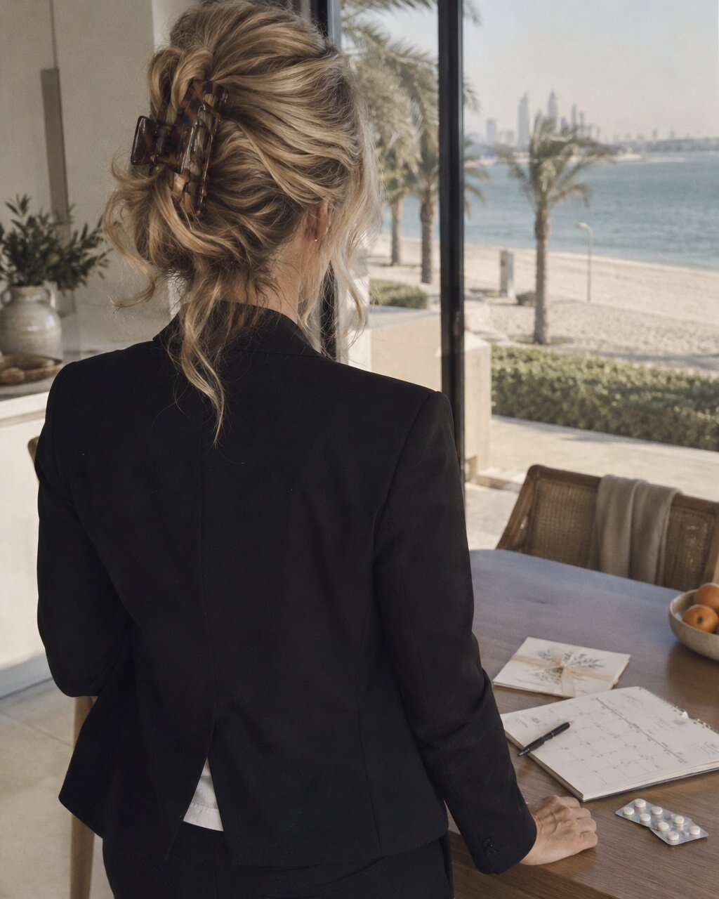 Woman seen from behind in a black blazer, looking through a window towards a beach