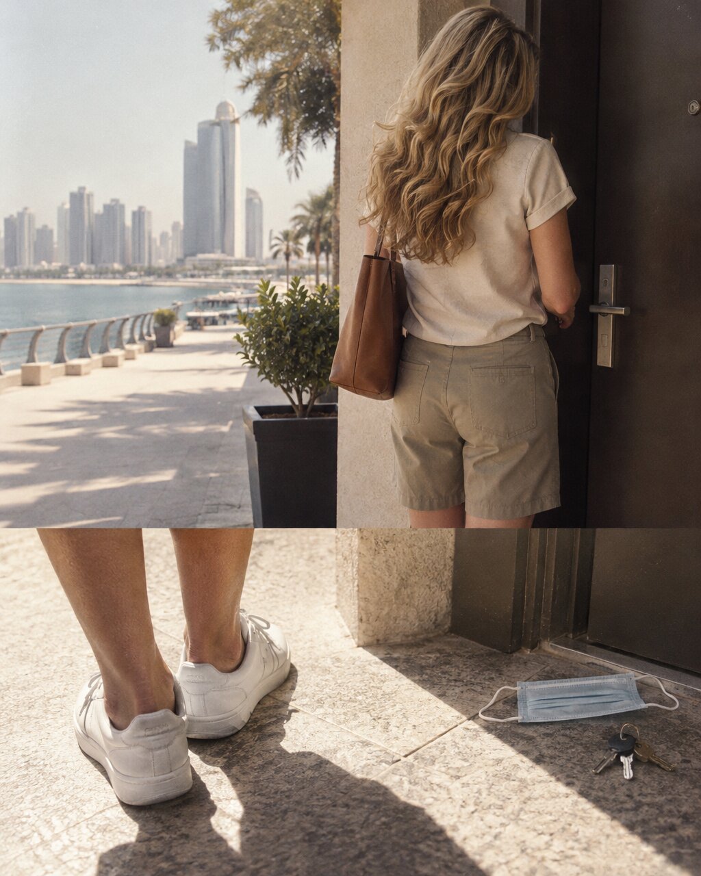 Woman seen from behind at a doorway, with keys and a face mask nearby