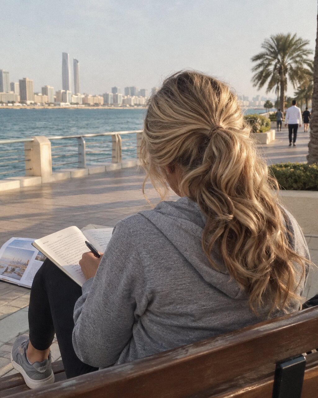 Woman seen from behind sitting on a waterfront bench and writing in a notebook