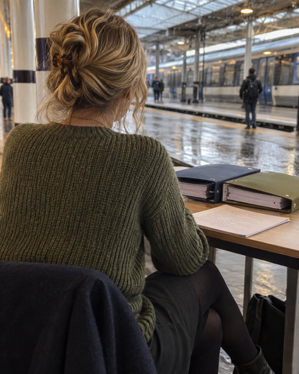 Woman seen from behind in a green jumper at a table on a train platform