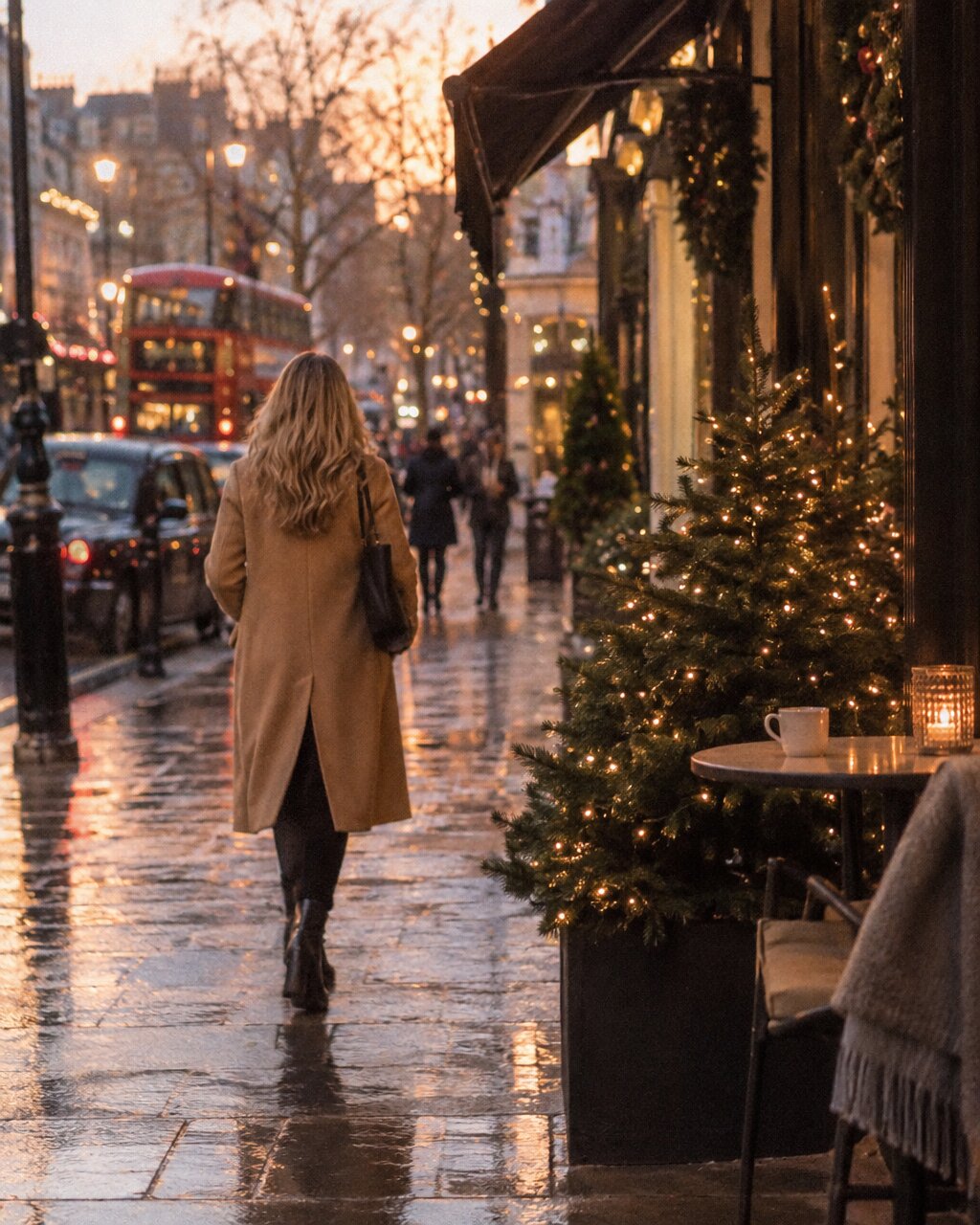 Woman seen from behind in a beige coat walking along a wet, festive pavement