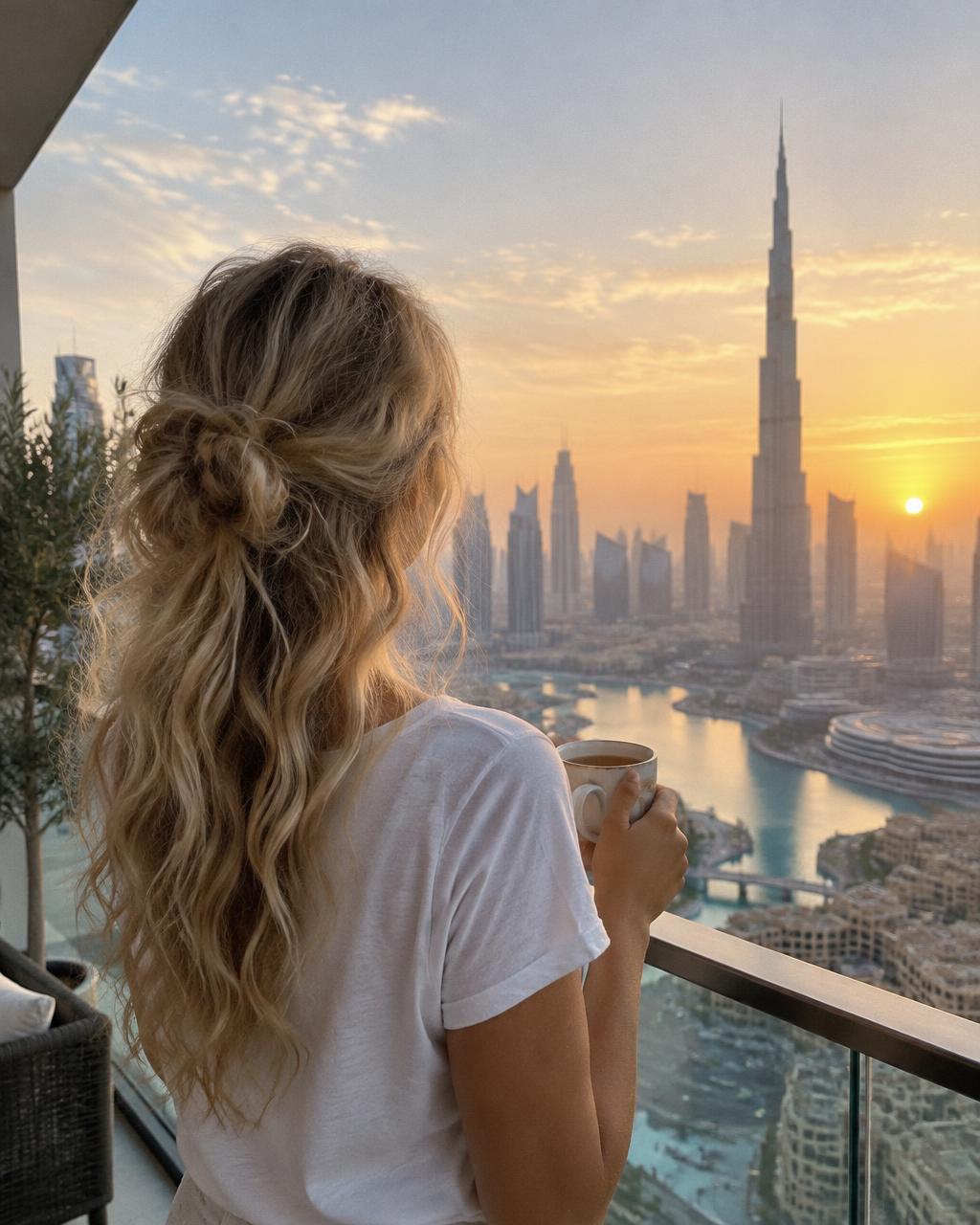 A woman seen from behind on a Dubai balcony at sunrise, holding a cup of tea