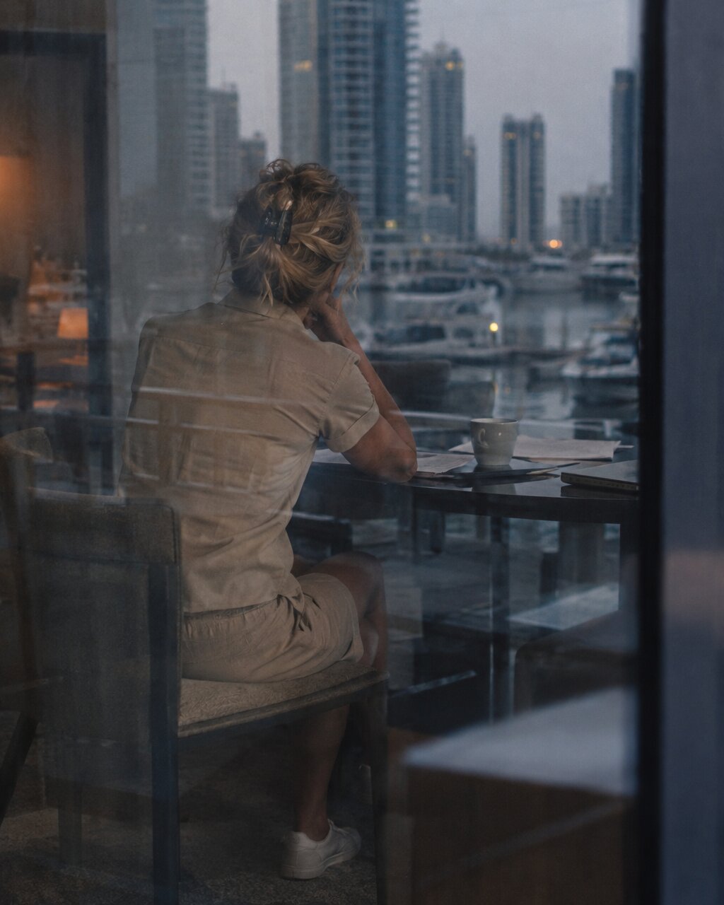 Woman seen from behind, sitting by a window overlooking a marina and city skyscrapers