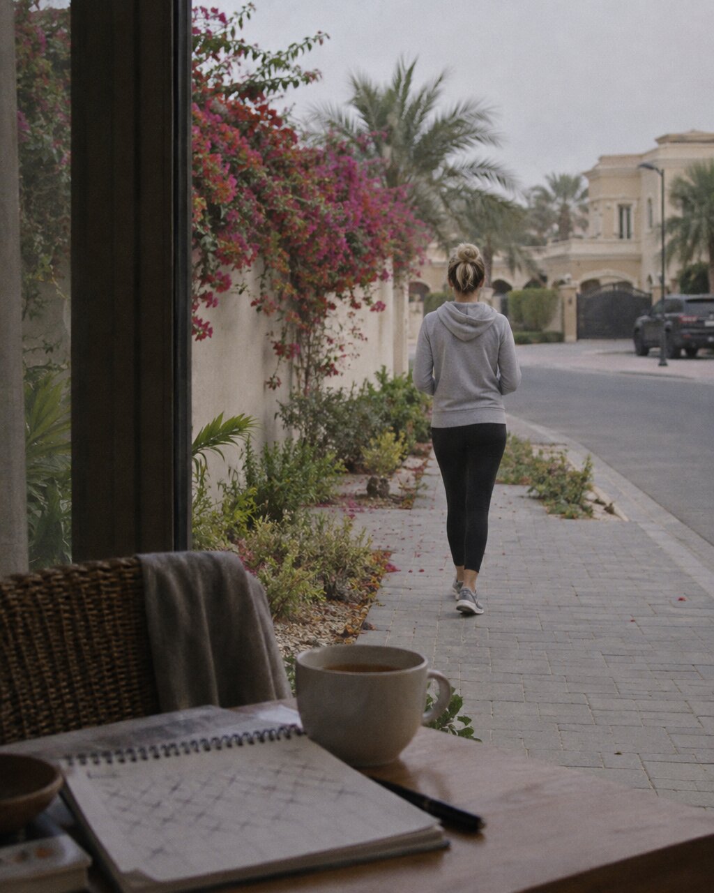 Woman seen from behind in a grey hoodie and leggings, walking along a pavement