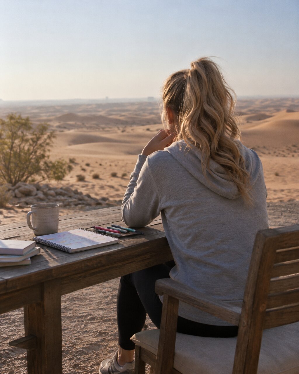 Woman seen from behind sitting at a wooden table overlooking desert sand dunes