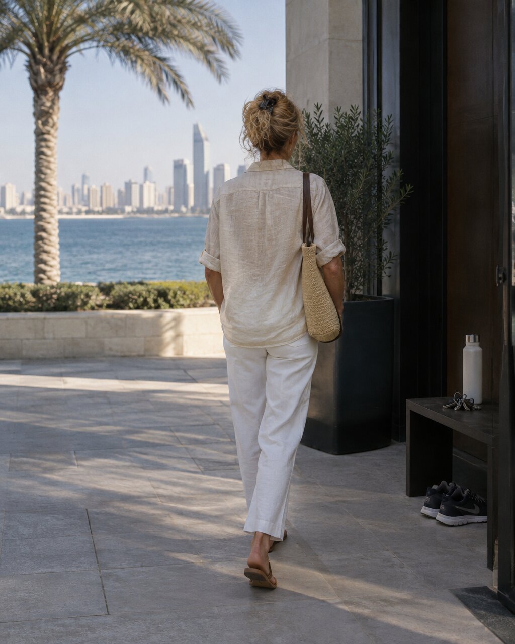 Woman seen from behind walking towards the water, wearing white trousers and linen shirt