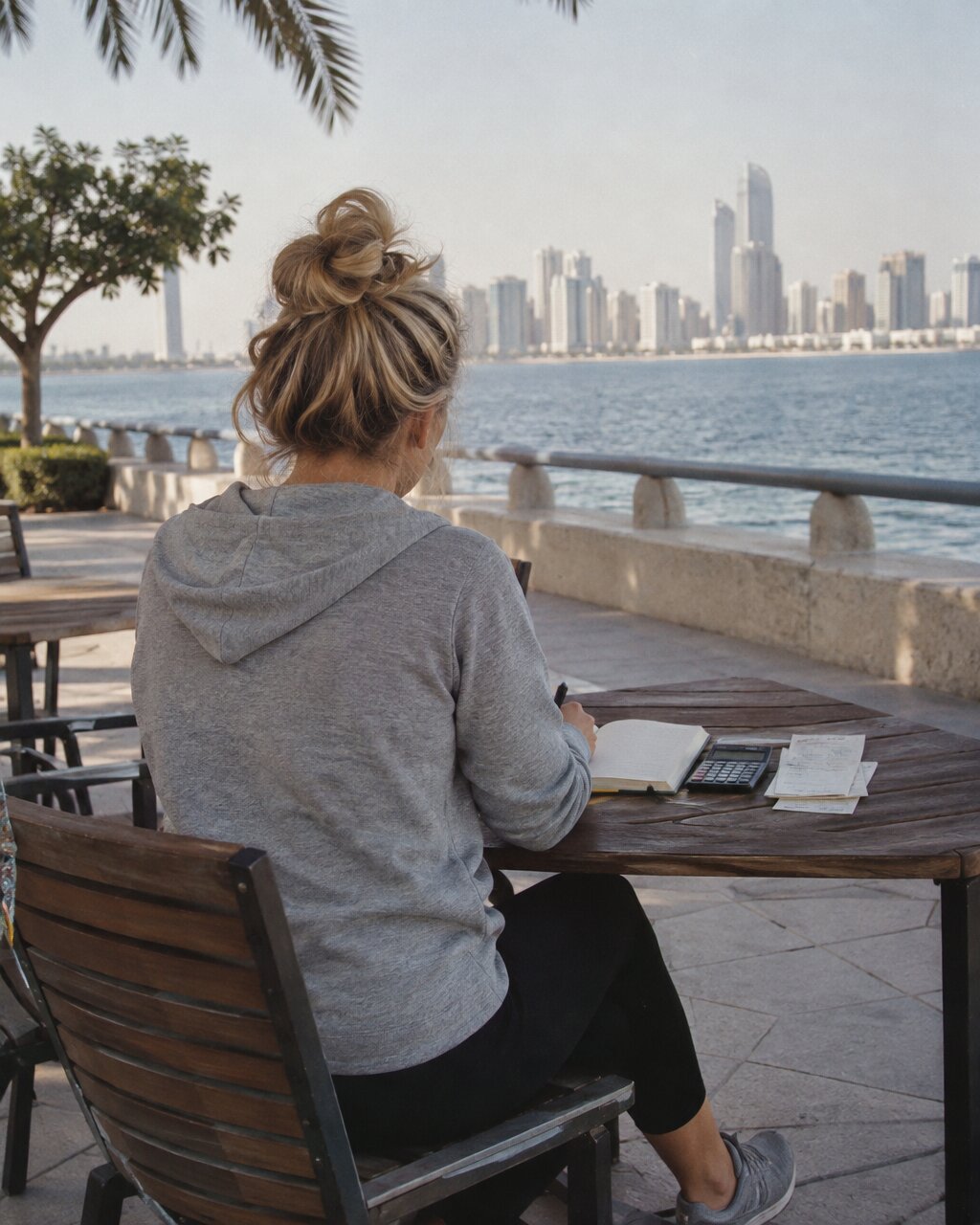 Woman seen from behind, sitting at an outdoor table writing, overlooking a waterfront skyline