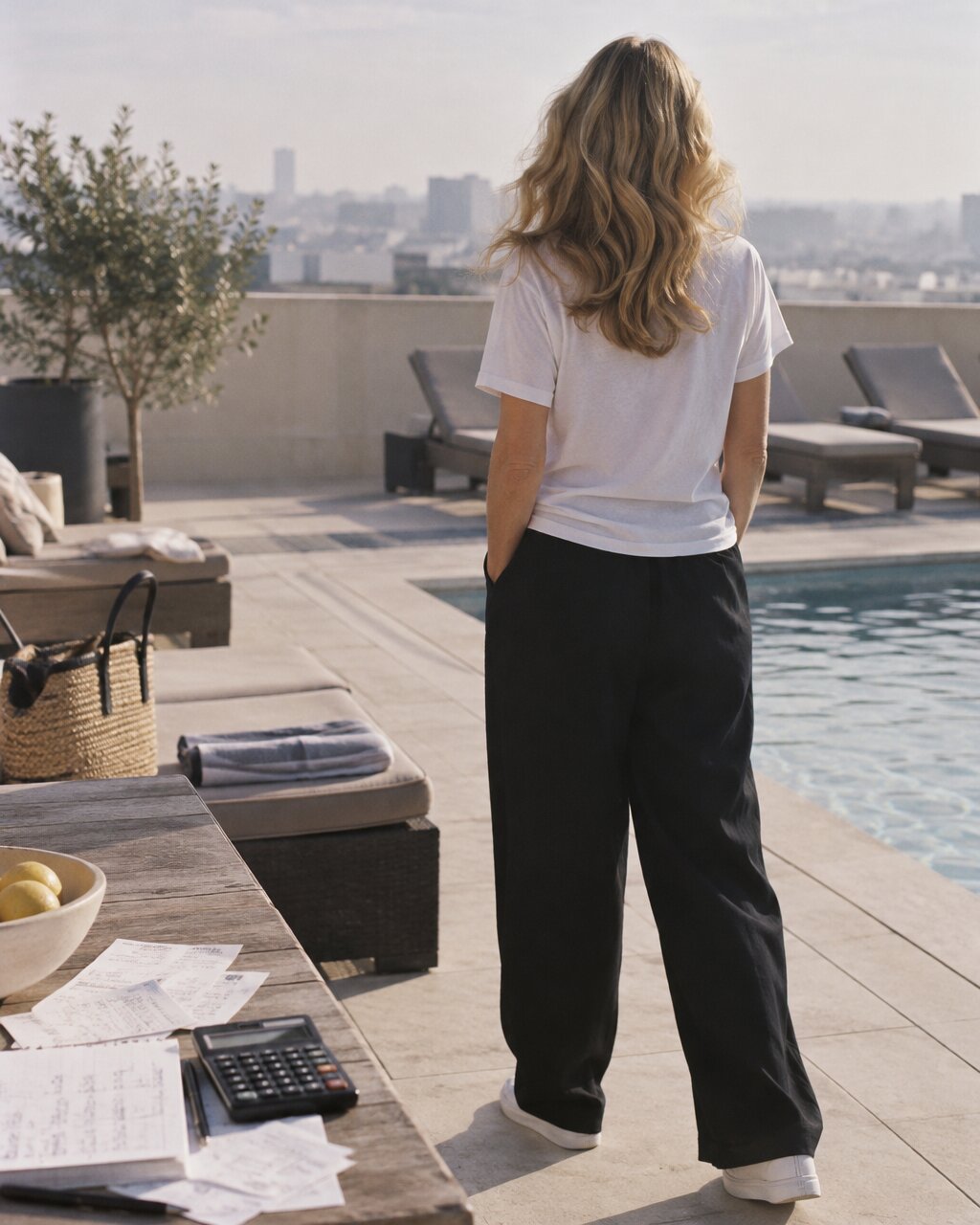 Woman seen from behind in white T-shirt and black trousers by a rooftop pool
