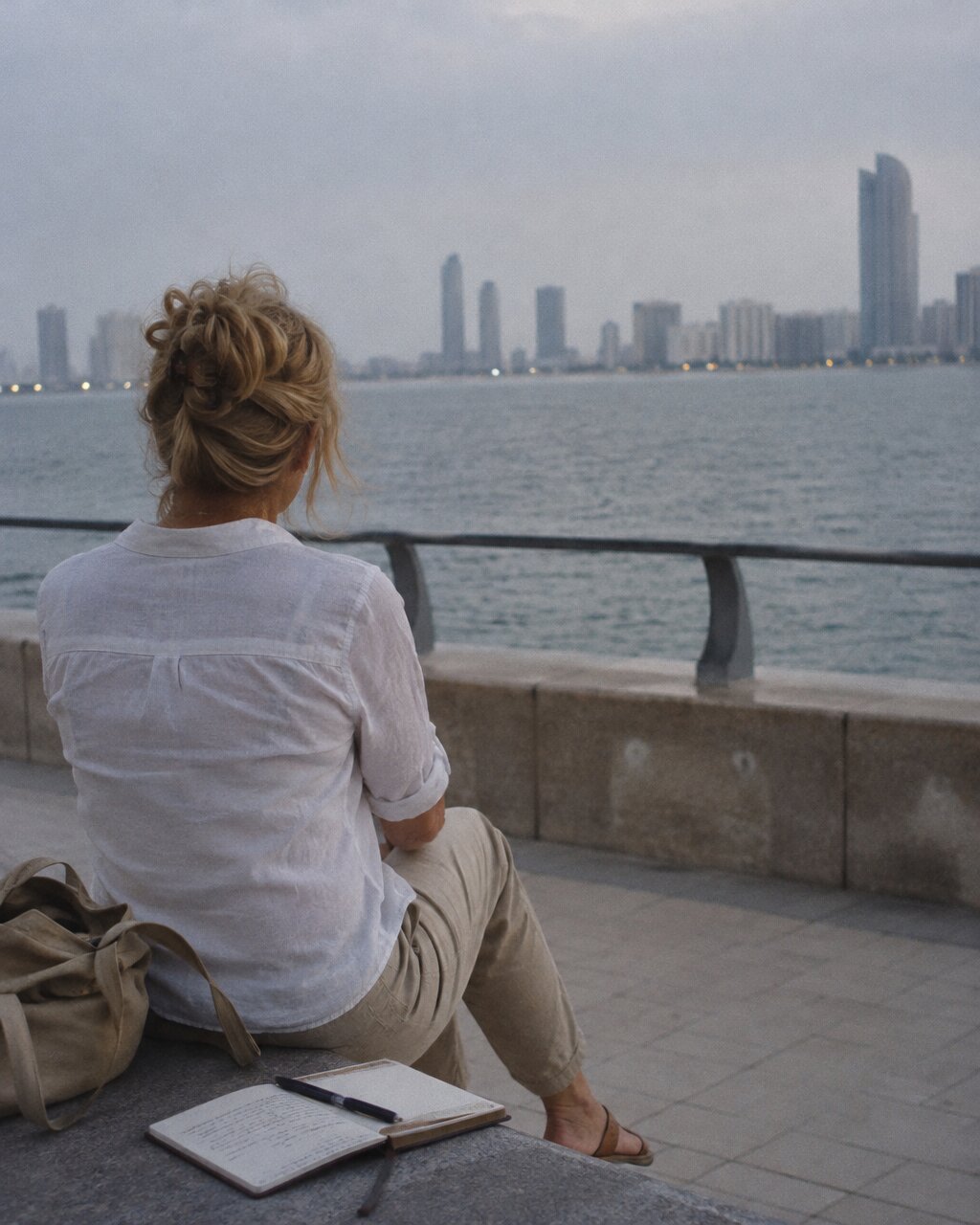 Woman seen from behind sitting by the water, looking towards a distant city skyline