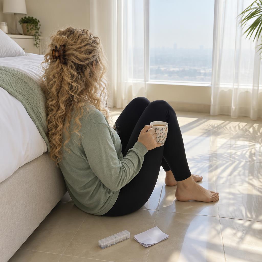 Woman seen from behind sitting on the floor beside a bed, holding a mug