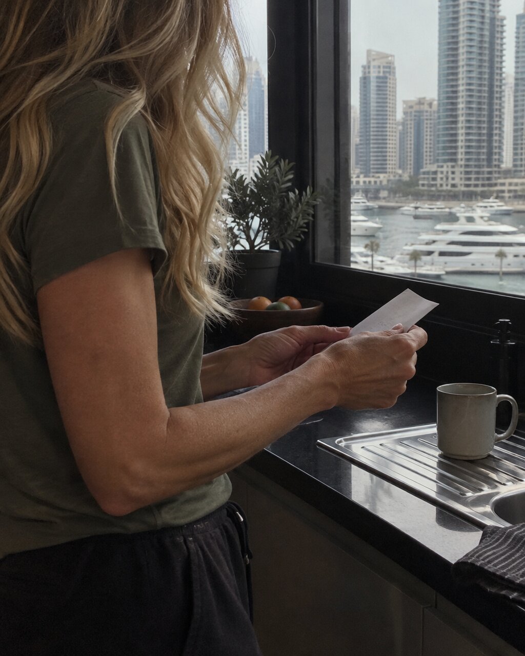 Woman seen from behind holding a note by a kitchen window overlooking a marina
