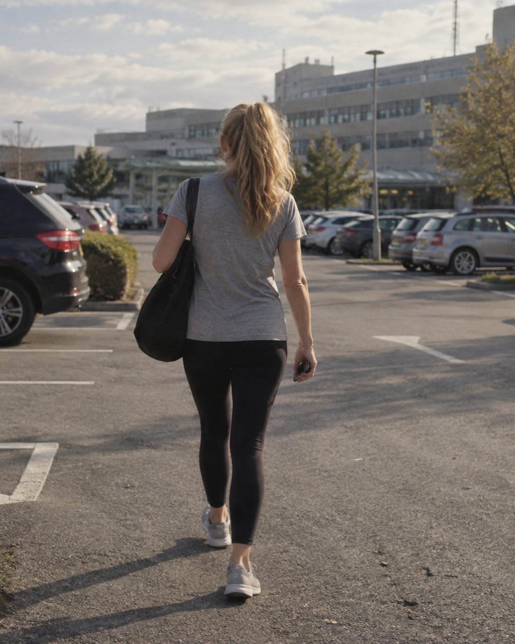 Woman seen from behind in grey T-shirt and leggings walking across a car park