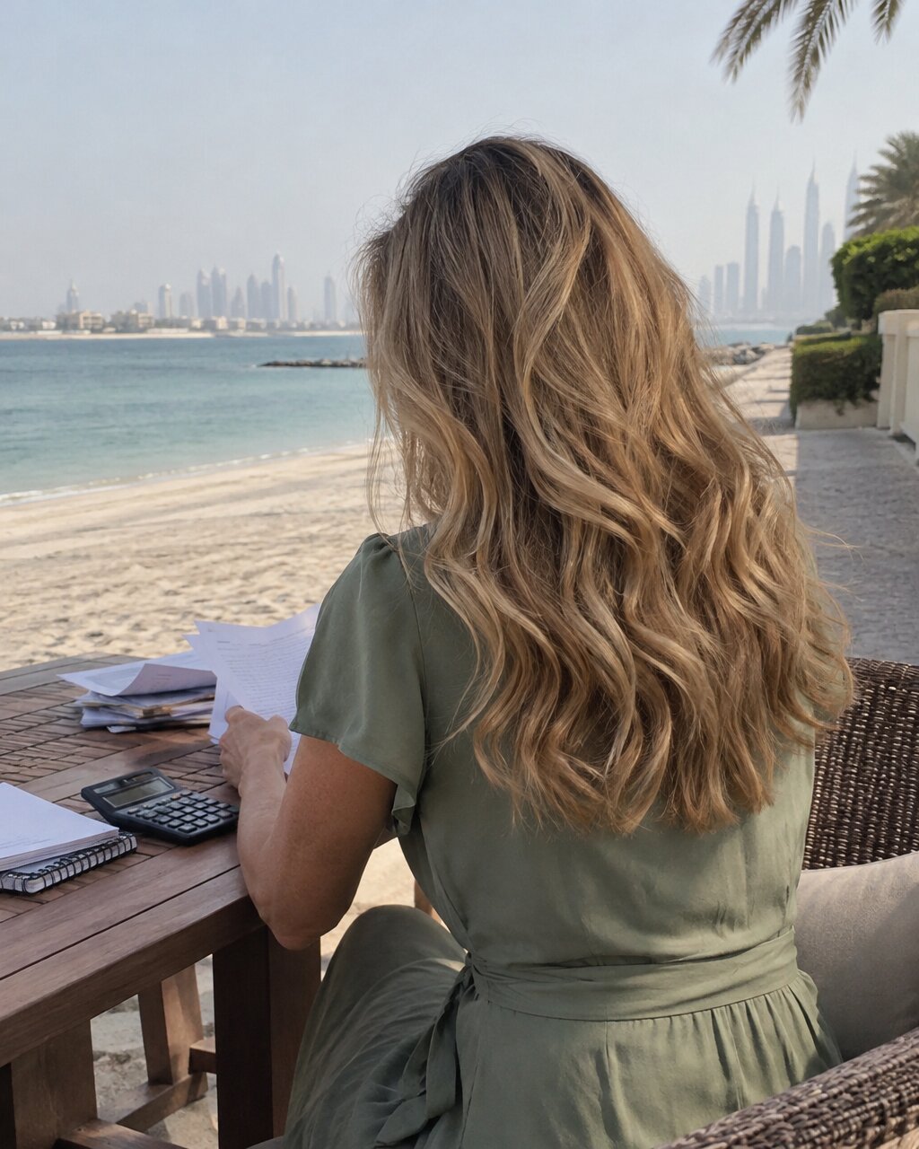 Woman seen from behind in a green dress, reviewing papers at a seaside table