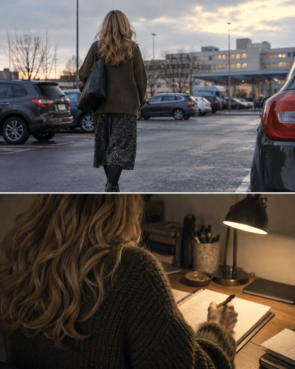 Woman seen from behind walking across a car park