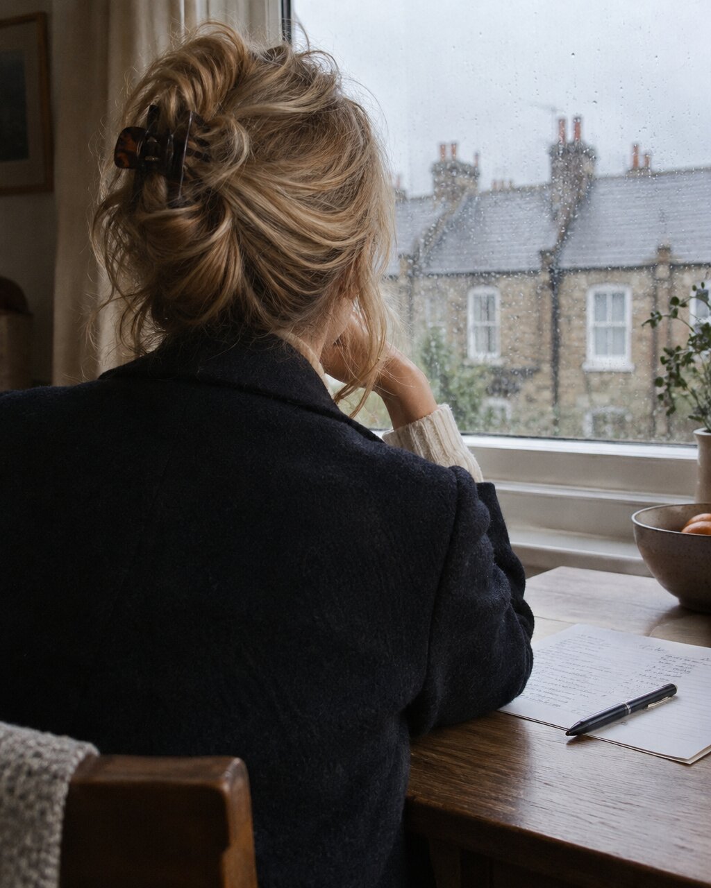 Woman seen from behind sitting at a desk, looking out of a rainy window