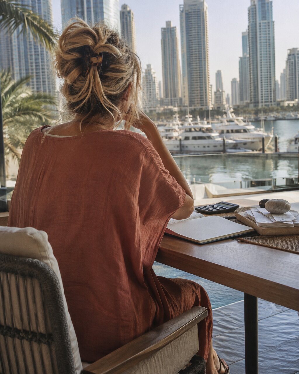 Woman seen from behind sitting at a table overlooking a marina and city skyscrapers
