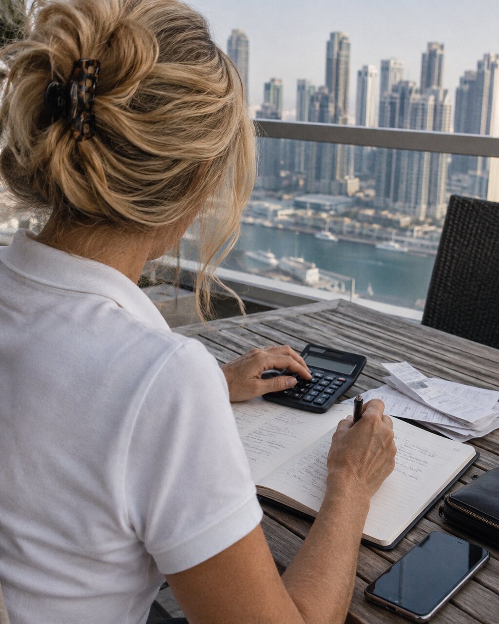 Woman seen from behind, writing in a notebook with a calculator on a city balcony
