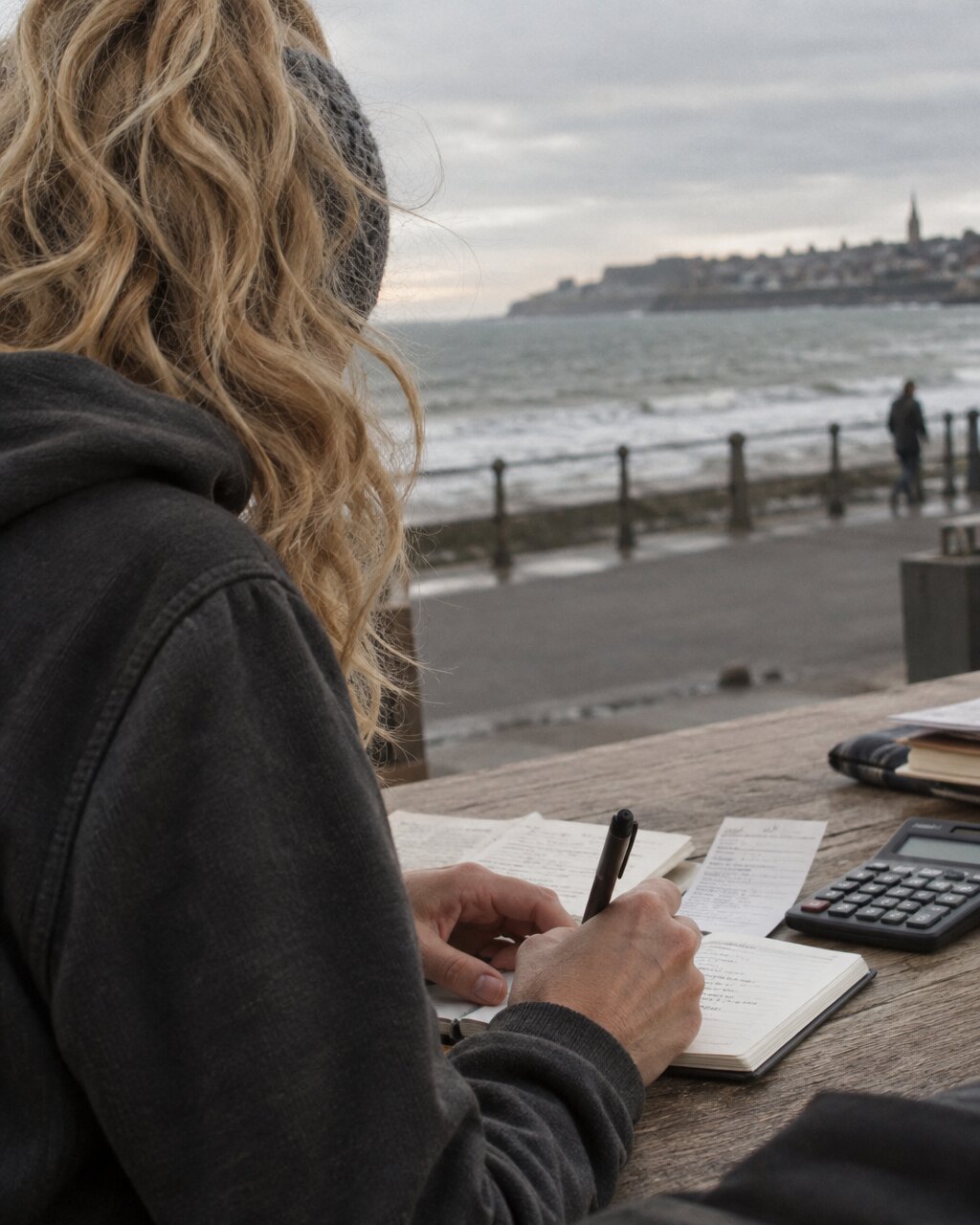 Woman seen from behind writing in a notebook at an outdoor table overlooking the sea