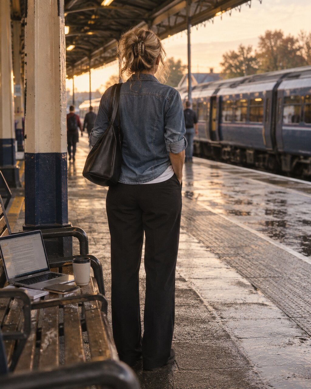 Woman seen from behind in a denim shirt standing on a wet railway platform