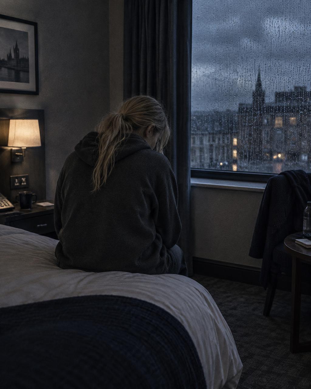 Woman seen from behind wearing a hoodie, sitting on a bed beside a rainy window