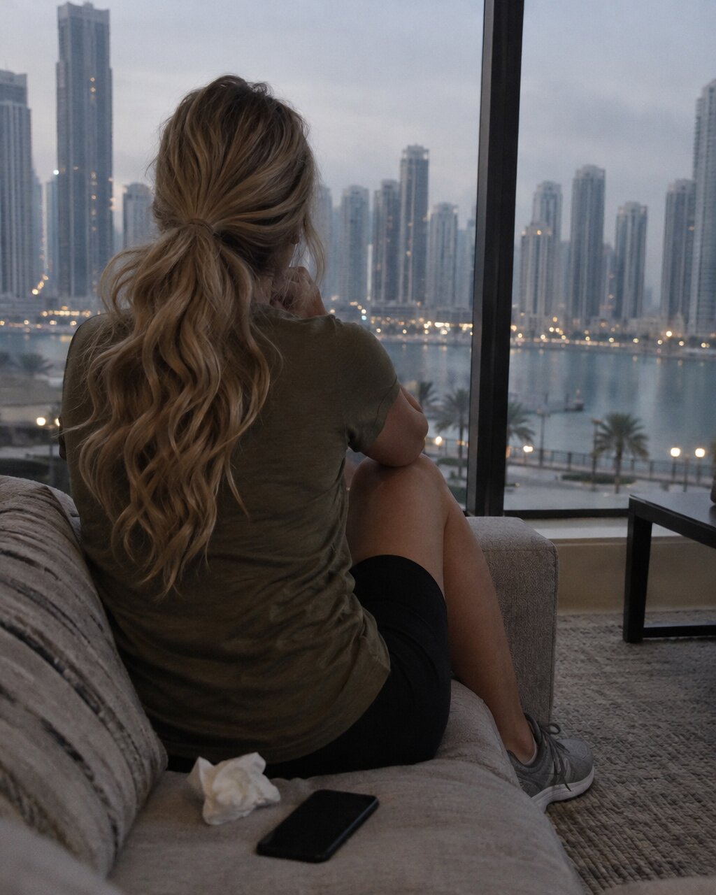 Woman seen from behind sitting on a sofa looking out towards a city skyline