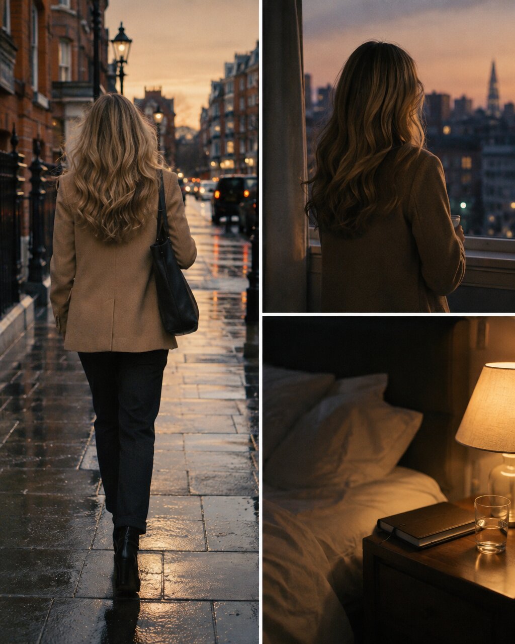 Woman seen from behind walking along a wet pavement at night