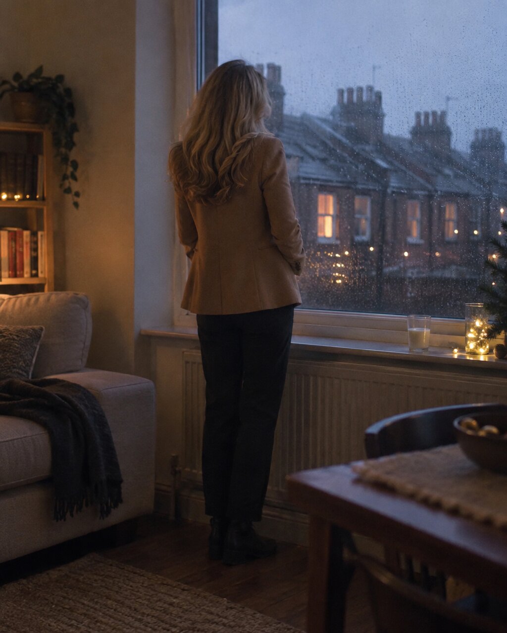 Woman seen from behind in a tan blazer, looking out of a rainy window